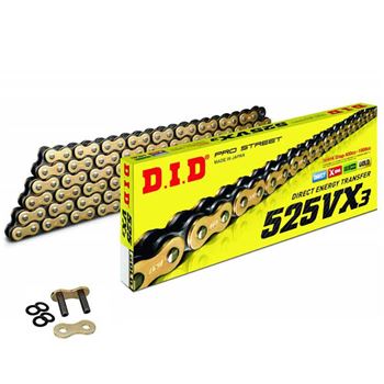 cadenas y enganches - Cadena DID 525VX3 con 116 eslabones color oro / negro y enganche tipo remache