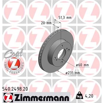 discos de freno coche - Disco de freno eje delantero (Gama COAT Z) ZIMMERMANN 540249820