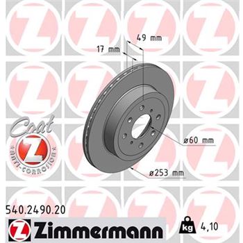 discos de freno coche - Disco de freno eje delantero (Gama COAT Z) ZIMMERMANN 540249020
