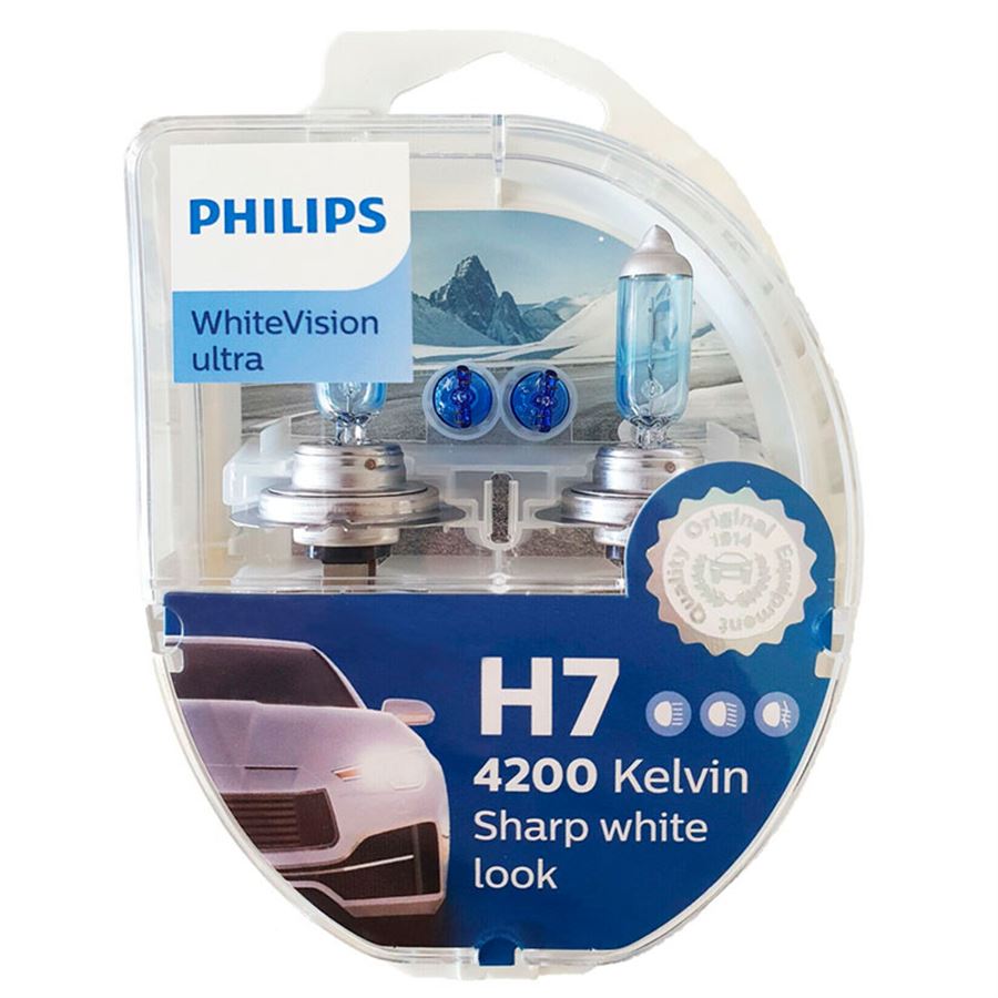 Philips H7 White Vision Ultra · Juego 2 lámparas 12V 55W · Luz blanca  intensa