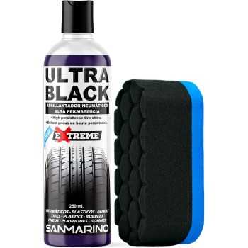 limpieza de llantas y neumaticos - Abrillantador neumáticos y plásticos Ultra Black + Esponja técnica 250ml | Sanmarino