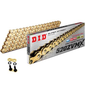 cadenas y enganches - Cadena DID 520ZVM-X con 114 eslabones color oro y enganche tipo remache
