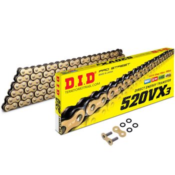 cadenas y enganches - Cadena DID 520VX3 con 108 eslabones color oro / negro y enganche tipo remache